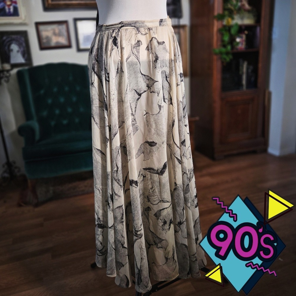 Vintage 90s Apropos Silk Abstract Print Maxi Skirt Neutral Flowy Sheer